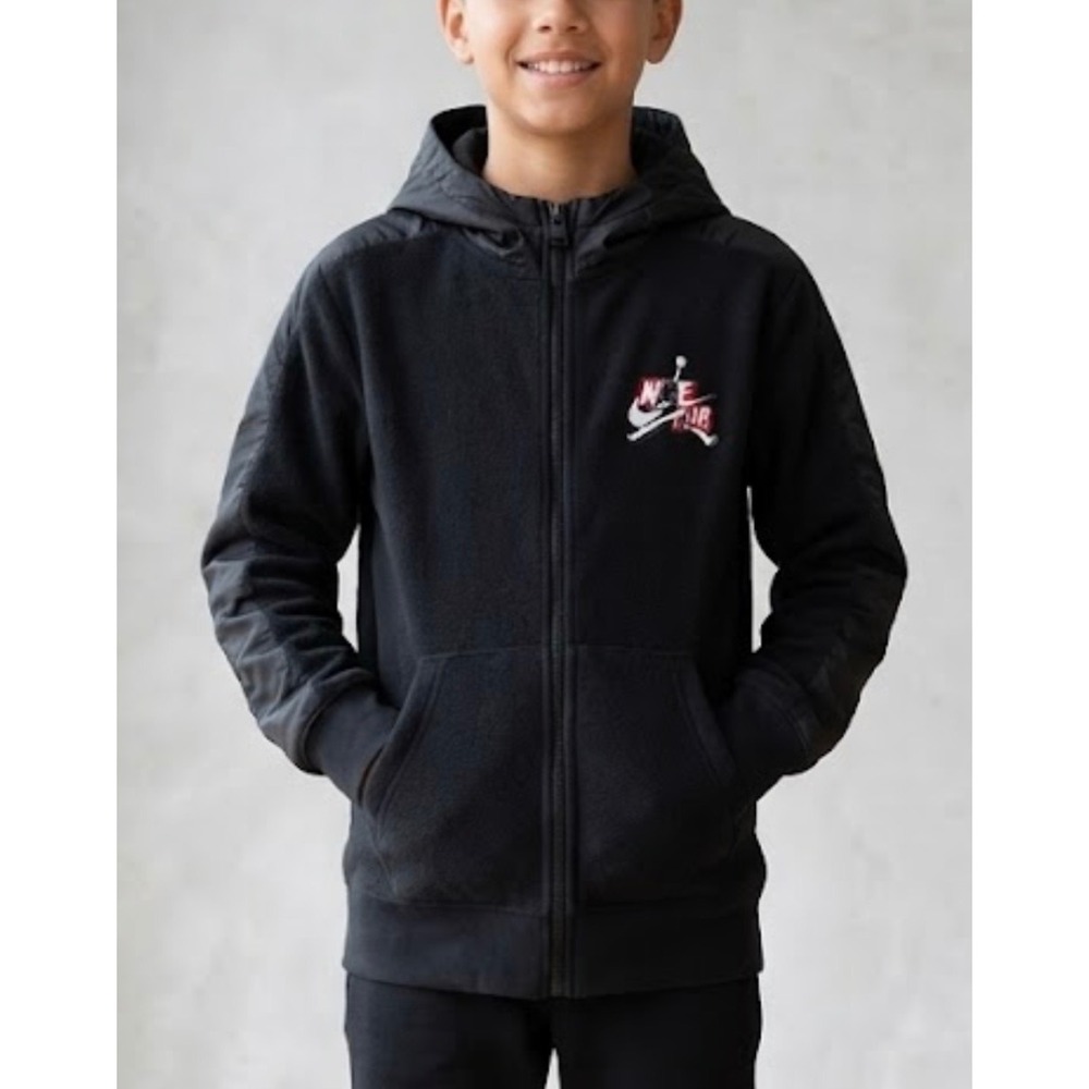 Jordan Boys Black Full Zip Fleece Hoodie Mixed Media Nike Air Logo Size M 10-12
